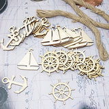 yueton 36PCS 3 Styles Nautical Themed Unfinished Wood Cutouts Wood Slices Wood Chips, Sailboat Rudder Anchor Wooden Cutouts, Wooden Hanging yueton