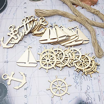 yueton 36PCS 3 Styles Nautical Themed Unfinished Wood Cutouts Wood Slices Wood Chips, Sailboat Rudder Anchor Wooden Cutouts, Wooden Hanging - WoodArtSupply