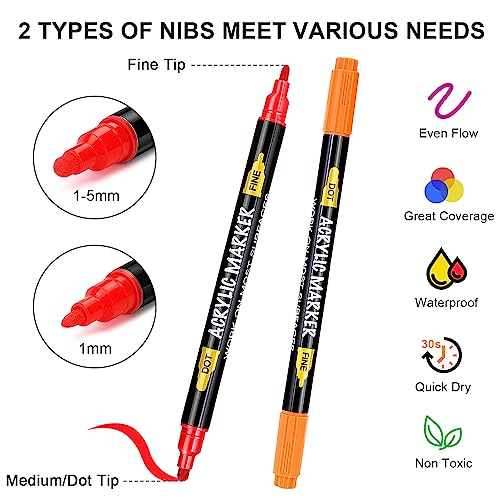 NAWOD 40 Colors Dual Tip Acrylic Paint Pens Markers, With Fine and Medium Tip, for Rock Painting, Canvas, Wood, Glass, Ceramic, Stone, Fabric, NAWOD