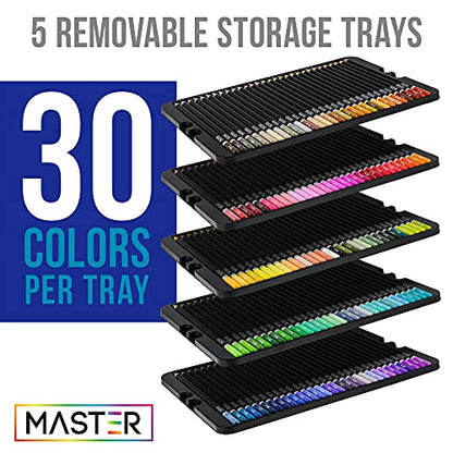 Master 150 Colored Pencil Mega Set with Premium Soft Thick Core Vibrant Color Leads in Tin Storage Box - Professional Ultra-Smooth Artist Quality -