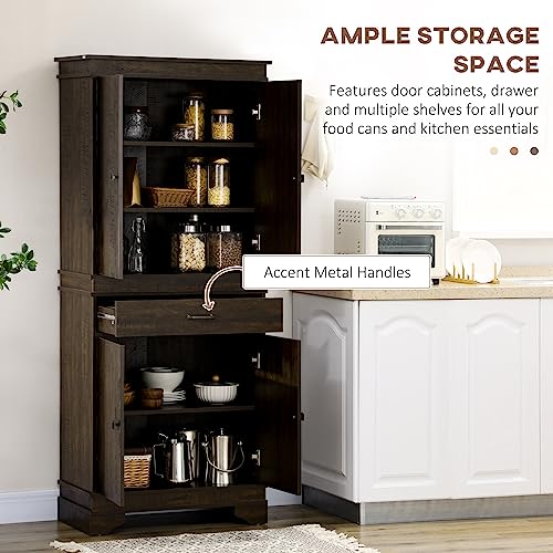 HOMCOM 72" Farmhouse Kitchen Pantry, 4-Door Rustic Storage Cabinet with Drawer and 3 Shelves, Walnut HOMCOM