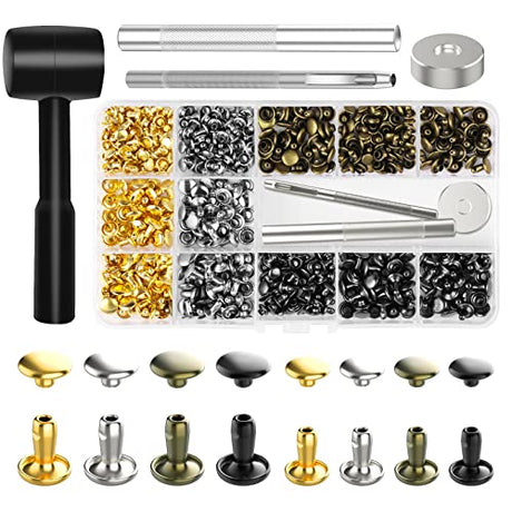 Alritz 240 Sets Leather Rivets, Double Cap Rivets Tubular 4 Colors 2 Sizes Metal Studs with Fixing Tools for DIY Leather Alritz