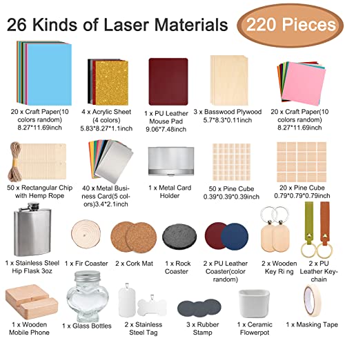Csyidio 220 PCS Engraving Material Box, DIY Materials Apply to All Laser Engravers with Instructions, Laser Engraving Supplies Including Acrylic Csyidio