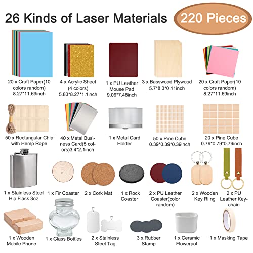 Csyidio 220 PCS Engraving Material Box, DIY Materials Apply to All Laser Engravers with Instructions, Laser Engraving Supplies Including Acrylic - WoodArtSupply