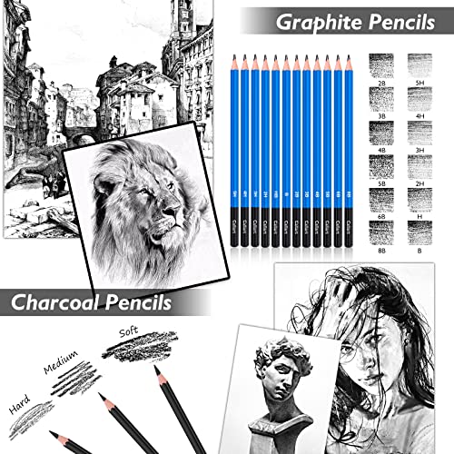 Caliart Drawing Supplies, Art Set Sketching Kit with 100 Sheets 3-Color Sketch Book, Graphite Colored Charcoal Watercolor & Metallic Pencils, Gifts Caliart