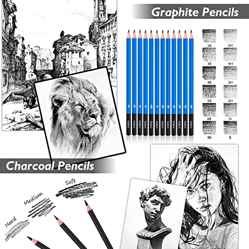 Caliart Drawing Supplies, Art Set Sketching Kit with 100 Sheets 3-Color Sketch Book, Graphite Colored Charcoal Watercolor & Metallic Pencils, Gifts