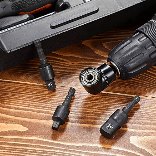 CIGOTU Right Angle Drill Adaptor,4-in-1 Impact Drill Bit Extension,360° Rotatable 1/4 3/8 1/2" Impact Grade Socket Adapter Set,105 Degree Angle CIGOTU