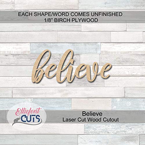 Believe Wood Cutouts for crafts, Laser Cut Wood Shapes 5mm thick Baltic Birch Wood, Multiple Sizes Available Elliefont Styles