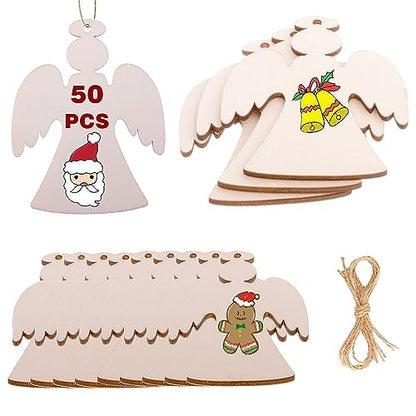 50PCS Unfinished Christmas Wooden Angel Ornaments Wooden Angel for Crafts Hanging Angel Wood Decoration Christmas Crafts Wood Slices Wooden Ornament