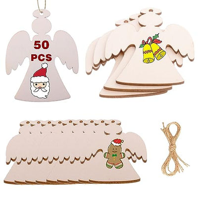 50PCS Unfinished Christmas Wooden Angel Ornaments Wooden Angel for Crafts Hanging Angel Wood Decoration Christmas Crafts Wood Slices Wooden Ornament