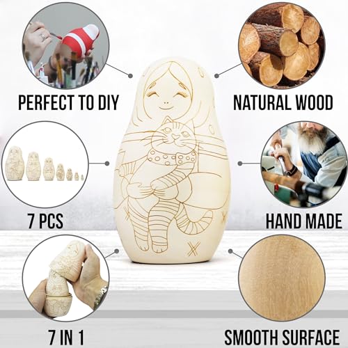 AEVVV Set 7 pcs Unfinished Nesting Dolls Blank for Arts and Crafts, DIY Projects - Wooden Crafts to Paint Your Own Matryoshka - Blank Russian Nesting