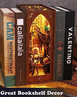 DIY Book Nook Kit, Bookshelf Insert Decor Alley 3D Wooden Puzzles with LED Lights & Motion Sensor, Miniature Dollhouse Kits Bookends Craft Kits for OMEPEA