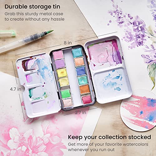 Arteza Pastel Watercolor Paint Set with Water Brush, 12 Watercolor Half Pans in Storage Tin, Semi Moist, Art Supplies for Painting Stunning - WoodArtSupply