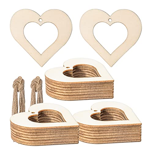 Heart Wooden Blank Wood with Twines Art Unfinished Ornaments for Christmas Wedding Birthday Party Valentine's Day Thanksgiving Day Decoration 20Pcs