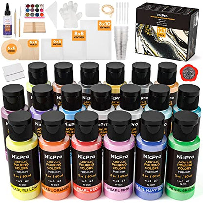 Nicpro 123 Pack Metallic Acrylic Pouring Paint Set, 19 Colors (2oz / 60ml bottle) Ready to Pour Acrylic Paint Supplies & Pre-Mix High Flow for Canvas - WoodArtSupply