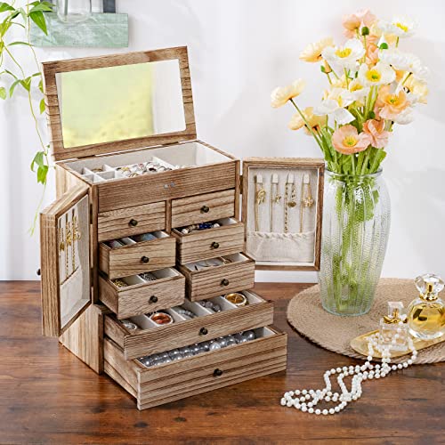 Jewelry Box for Women Wooden Jewelry Boxes & Organizers 5-Layer Rustic Latest Large Jewelry Organizer Box 2023 with Mirror & 8 Drawers for Rings Emfogo
