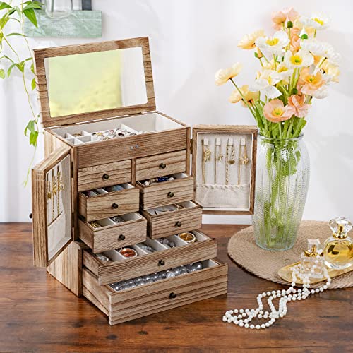 Jewelry Box for Women Wooden Jewelry Boxes & Organizers 5-Layer Rustic Latest Large Jewelry Organizer Box 2023 with Mirror & 8 Drawers for Rings - WoodArtSupply