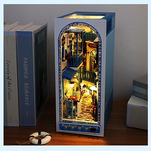 3D Wooden Book Stand Puzzle,DIY Book Nook Kits,Dollhouse Wood Bookends Book Nook Model Building Kit with LED to Build-Creativity Gift for