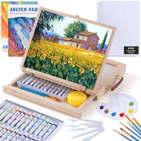 54 Pieces Watercolor Paint Set with Portable Wood Easel, Complete Starter Painting Art Supplies with Watercolor Paints, Canvases, Sketch Pads, AOTEMOON