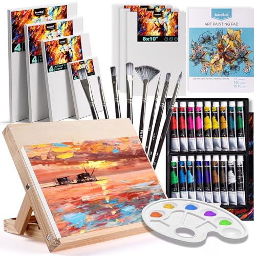 koseibal Art Paint Set with 18 Acrylic Paints, 8 Brushes, 4 Stretched Canvas, 1Wooden Easel, Etc, Premium Painting Supplies Kit for Students, Artists - WoodArtSupply