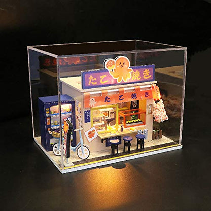 WYD Star Octopus Burning Japanese Style Takoyaki Shop Mini Doll House Kit Assembled LED Light Model Wind and Gift with Dust Cover and Music