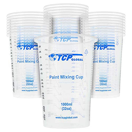 TCP Global 32 Ounce (1000ml) Disposable Flexible Clear Graduated Plastic Mixing Cups - Box of 25 Cups - Use for Paint, Resin, Epoxy, Art, Kitchen, TCP Global