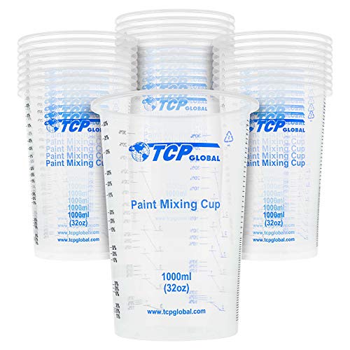 TCP Global 32 Ounce (1000ml) Disposable Flexible Clear Graduated Plastic Mixing Cups - Box of 25 Cups - Use for Paint, Resin, Epoxy, Art, Kitchen, - WoodArtSupply