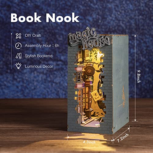 ROBOTIME DIY Book Nook Kit Decorative Booknook Bookshelf Insert Bookcase Book Stand 3D Wooden Puzzle DIY Miniature House Kit with LED Light Model Kit