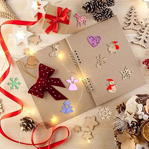 yueton 100PCS Mini Christmas Tree Snowflakes Stars Moose Bells Hats Socks Angels Christmas Unfinished Blank Wood Pieces Wood Slices Wood Chips yueton