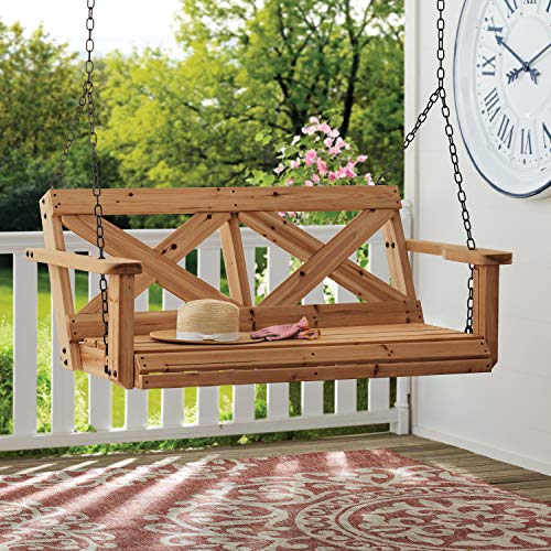 Backyard Discovery Durable Cedar Farmhouse Outdoor Porch Swing with Chain, Water Resistant, Porch, Patio, Two Person Seating, 600 Lb Weight Capacity, Backyard Discovery