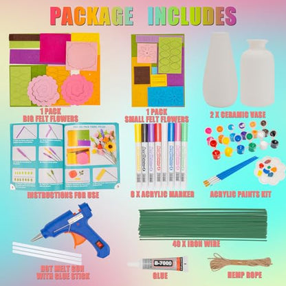 FTBox Crafts Kit for Girls Ages 6-12, Felt Flowers Bouquet and Paint Vase Art Craft Project for Girls, DIY Activity Christmas Birthday Gift for Girls
