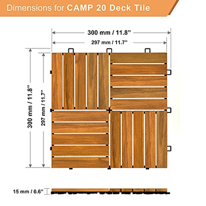 Interbuild Acacia Hardwood Interlocking Patio Deck Tiles, 12" × 12" (Pack of 10), Easy to Install Floor Tile for Both Indoor & Outdoor Use - Golden