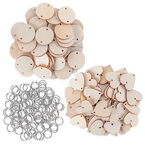 200 Piece Mini Wood Craft Set with Holes and Ring Clips for Birthday Board Tags, Homemade Valentines DIY Gifts, Arts & Crafts (50 Hearts and 50