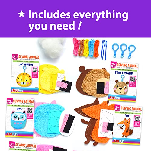 KRAFUN My First Sewing Animal for Kids, Beginner Art & Craft, 5 Easy Activities Stuffed Animal Dolls, Keyring Charms, Instructions & Felt Materials - WoodArtSupply