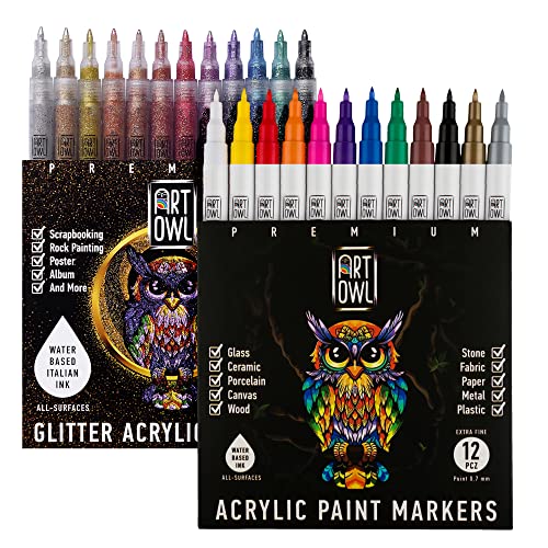 Art Owl 12 Basic Acrylic Paint Pens Extra Fine Tip and 12 Glitter Paint Markers Extra Fine Tip, Bundle for Rock Painting, Stone, Ceramic, Glass, Wood Art Owl