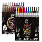 Art Owl 12 Basic Acrylic Paint Pens Extra Fine Tip and 12 Glitter Paint Markers Extra Fine Tip, Bundle for Rock Painting, Stone, Ceramic, Glass, Wood Art Owl