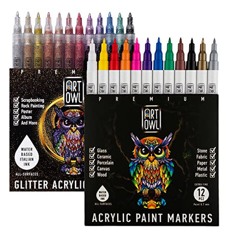 Art Owl 12 Basic Acrylic Paint Pens Extra Fine Tip and 12 Glitter Paint Markers Extra Fine Tip, Bundle for Rock Painting, Stone, Ceramic, Glass, Wood Art Owl
