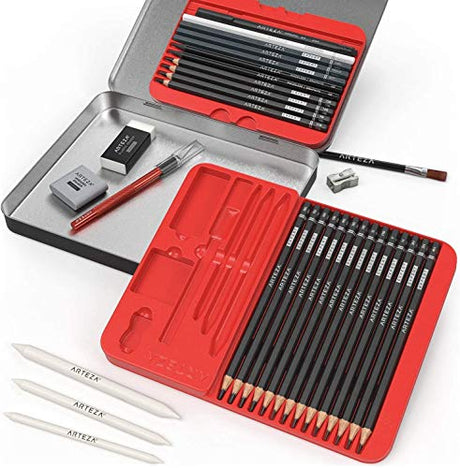 Arteza Drawing Set for Adults, Set of 33 Artist Sketching Tools, 20 Graphite & 4 Charcoal Sketch Pencils, 1 Fineliner, 3 Blenders, 1 Sharpener, 3 ARTEZA