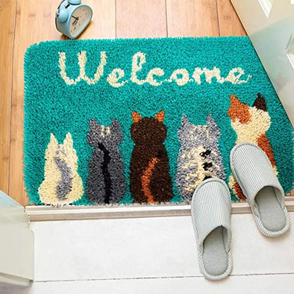 Latch Hook Kits for Adults - Cats Welcome Rug Kits 24X16 in, DIY Latch Hook Rug Kit, Cross Stitch Rug Making Kit, Carpet Making Crochet Kits - WoodArtSupply