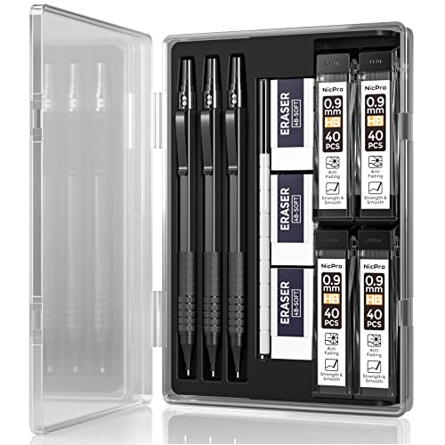 Nicpro Metal 0.9 mm Mechanical Pencils Set with Case, 3PCS Black 0.9mm Drafting Pencil, 6 Tubes HB Lead Refills, 3PCS Erasers, Erasers Refills for - WoodArtSupply