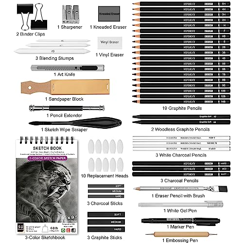 HIFORNY 60 Pcs Drawing Kit Sketching Pencil Set,Sketch Pencils Art Supplies with 3-Color Sketchbook,Graphite,Charcoal,Drawing Pencils for Adults HIFORNY
