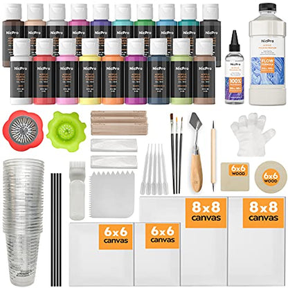 Nicpro Acrylic Pouring Kit, Artist Starter Supplies Including 19 Colors Acrylic Paints,Pouring Medium, Silicone Oil, Canvases, Gloves, Strainers, - WoodArtSupply