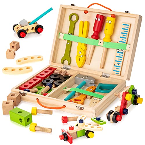 KIDWILL Tool Kit for Kids, 37 pcs Wooden Toddler Tools Set Includes Tool Box & Stickers, Montessori Educational STEM Construction Toys for 3 4 5 6 7