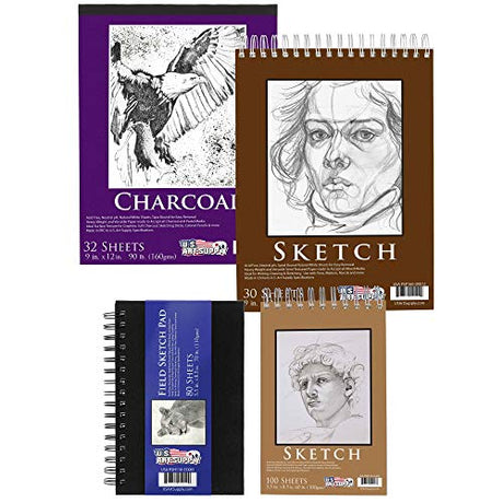 U.S. Art Supply Set of 4 Different Stylesof Sketching and Drawing Paper Pads (242 Sheets Total) - 2 Each 5.5" x 8.5" and 9" x 12" Premium Spiral U.S. Art Supply