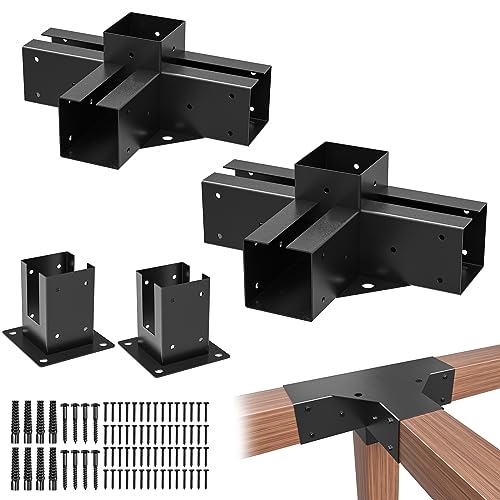 TROPTOLKY 4x4 Pergola Brackets Kit, 4-Way Powder-Coated Woodworks Corner Brackets, 2 Bracket Shoulders & 2 Wood Post Base, 4PCS Woodwork Pergola Kit - WoodArtSupply