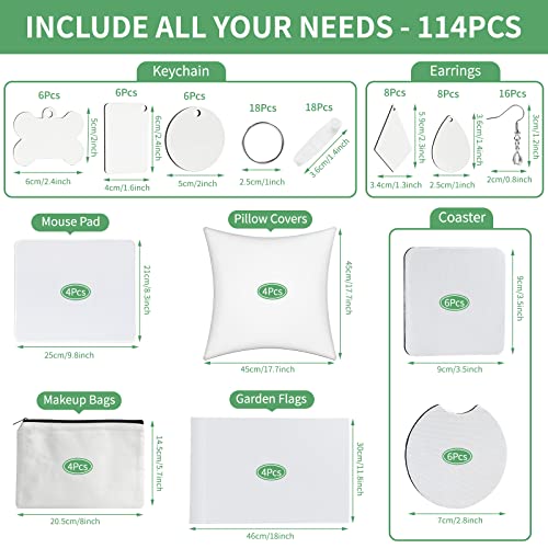 AMDAILY 114Pcs Sublimation Blanks Set - Adult DIY Art Craft Kit with Mouse Pad, Makeup Bag, Keychain, Earring, Pillow Cover, Coaster, Garden Flag - AMDAILY