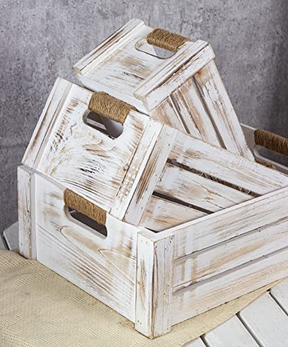 TIMRIS Set of 3 Rustic Wood Nesting Crates, Farmhouse Wooden Storage Container Boxes with Cutout Handles, Decorative Wooden Baskets for Display TIMRIS