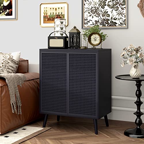 JZXSHD Metal Rattan Accent Cabinet - 2 Door Buffet Storage for Kitchen, Living Room and Hallway, Black - WoodArtSupply