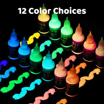 ARTME Glow in The Dark Paint, Glow Paint Set of 12 Bright Colors 30ml/1oz, Acrylic Glow in The Dark Paint Perfect for Art Painting, DIY projects,