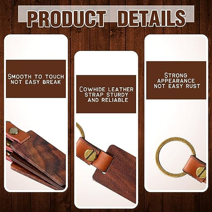 Sasylvia 100 Packs Wooden Keychain Blanks Leather Strap Keychain Blanks Wood Keychain Rectangle Walnut Blank Wooden Keychain Wood Tags Unfinished